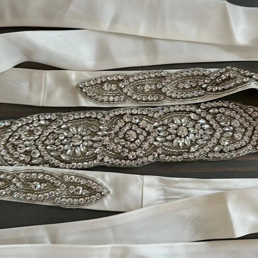 Wedding Bridal Belt Sash - Silver Rhinestone Ivory Belt - Mikaella size 6